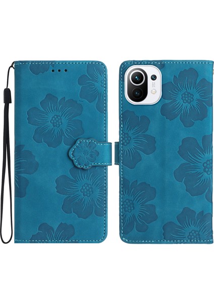 Xiaomi Mi Için Cüzdan Telefon Kılıfı 11 Lite 4g/5g/11 Lite 5g Ne, Pu Deri Çiçekler Baskılı Flip Stand Cover-Blue (Yurt Dışından)