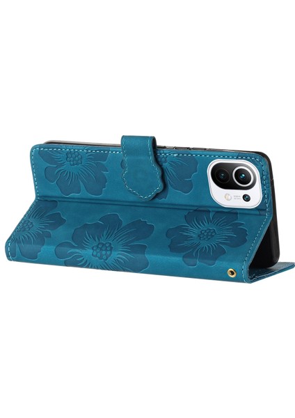 Xiaomi Mi Için Cüzdan Telefon Kılıfı 11 Lite 4g/5g/11 Lite 5g Ne, Pu Deri Çiçekler Baskılı Flip Stand Cover-Blue (Yurt Dışından)
