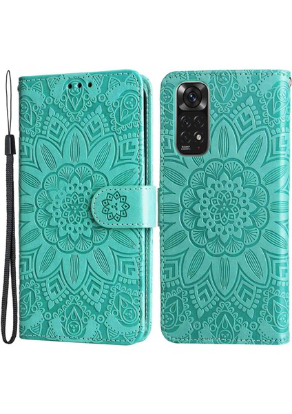 Xiaomi Için Redmi Note 11 4g (Qualcomm)/not 11S 4g Pu Deri Ayçiçeği Baskılı Baskılı Kılıf Manyetik Tokalı Telefon Stand Cüzdan Kapak Yeşil (Yurt Dışından)