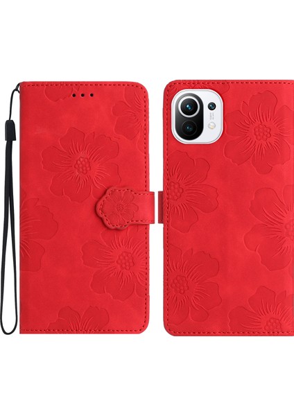 Xiaomi Mi Için Cüzdan Telefon Kılıfı 11 Lite 4g/5g/11 Lite 5g Ne, Pu Deri Çiçekler Baskılı Flip Stand Kapak Kırmızı (Yurt Dışından)