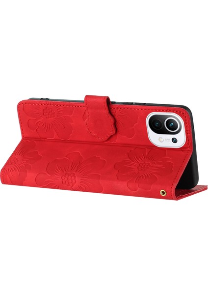 Xiaomi Mi Için Cüzdan Telefon Kılıfı 11 Lite 4g/5g/11 Lite 5g Ne, Pu Deri Çiçekler Baskılı Flip Stand Kapak Kırmızı (Yurt Dışından)