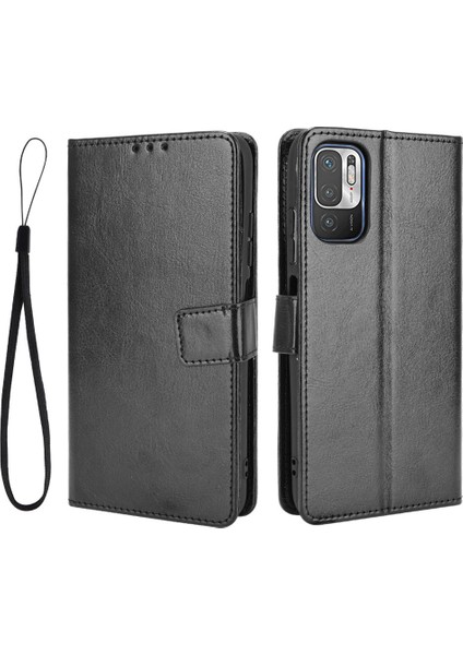 Çılgın At Derisi Cüzdan Stand Deri Kabuk Xiaomi Redmi Için Kayış 10 5g/poco M3 Pro 5g/4g-Black (Yurt Dışından)