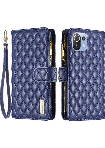 Xiaomi Mi Için Cep Telefonu Kabuğu 11 Lite 4g/5g/11 Lite 5g Ne, Baskılı Rhombus Desen Folio Flip Case Stand Mat Pu Deri Cüzdan Kapak-Mavi (Yurt Dışından)
