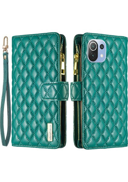Xiaomi Mi Için Cep Telefonu Kabuğu 11 Lite 4g/5g/11 Lite 5g Ne, Baskılı Rhombus Desen Folio Flip Case, Fermuar Cep Stand Mat Pu Deri Cüzdan Kapak Yeşili (Yurt Dışından)