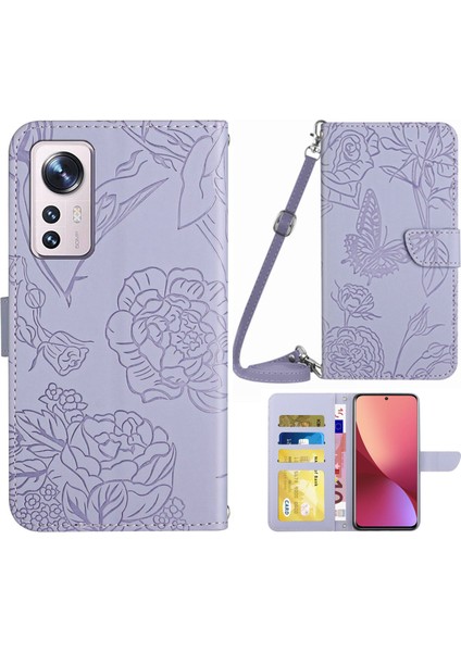 Xiaomi 12/12X/12S Için 5g Pu Deri Basılı Kelebek Çiçek Manyetik Telefon Kılıf Omuz Kayışı Stand Cüzdan Yumuşak Tpu Kitap Kapak Light Mor (Yurt Dışından)