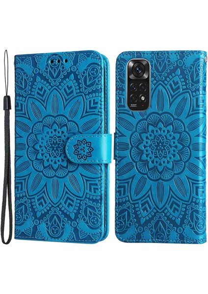 Xiaomi Redmi Için Note 11 4g (Qualcomm)/not 11S 4g Pu Deri Ayçiçeği Basılı Baskılı Kılıf Manyetik Tokalı Telefon Stand Cüzdan Kapak Mavisi (Yurt Dışından)