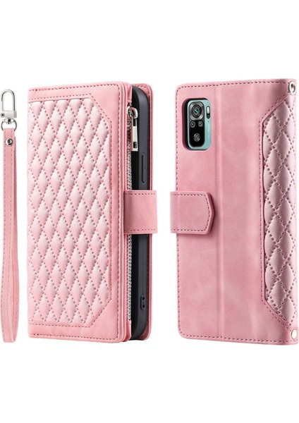 Xiaomi Poco M5S Için 4g/redmi Not 10 4g/redmi Not 10S 4g Scratch Dirençli Rhombus Doku Telefon Kılıfı Pu Deri Fermuar Cep Stand Stand Cüzdan Kapağı, Bilek Kayış Rose Altın (Yurt Dışından)