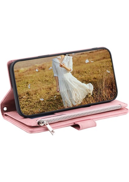 Xiaomi Poco M5S Için 4g/redmi Not 10 4g/redmi Not 10S 4g Scratch Dirençli Rhombus Doku Telefon Kılıfı Pu Deri Fermuar Cep Stand Stand Cüzdan Kapağı, Bilek Kayış Rose Altın (Yurt Dışından)