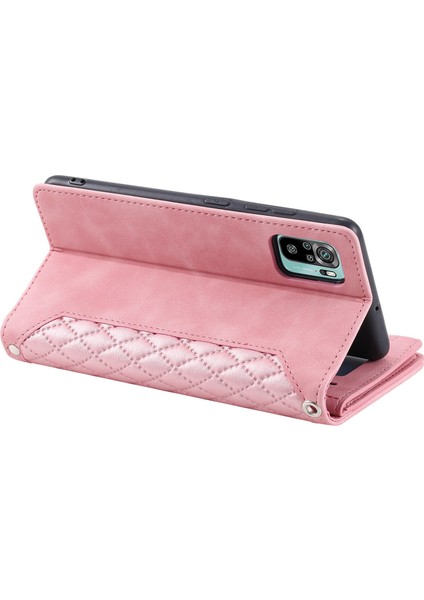 Xiaomi Poco M5S Için 4g/redmi Not 10 4g/redmi Not 10S 4g Scratch Dirençli Rhombus Doku Telefon Kılıfı Pu Deri Fermuar Cep Stand Stand Cüzdan Kapağı, Bilek Kayış Rose Altın (Yurt Dışından)