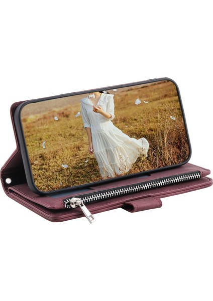 Xiaomi Poco M3 Pro 4g/5g/redmi Not 10T 5g/not 10 5g Rhombus Doku Cüzdan Stand Deri Telefon Kılıfı Fermuar Cep ve Bilek Kayışı Kırmızısı (Yurt Dışından)