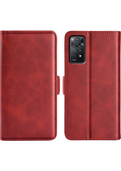 Xiaomi Redmi Için Note 12 Pro 4g/11 Pro 4g (Mediatek)/note 11 Pro 5g (Qualcomm) Dokulu Pu Deri Flip Case Çift Manyetik Toka Stand Cüzdan Telefon Kapak-Kırmızı (Yurt Dışından)