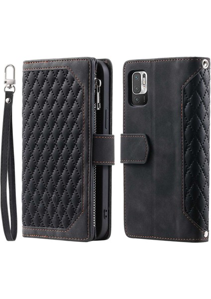Xiaomi Için Poco M3 Pro 4g/5g/redmi Not 10T 5g/not 10 5g Rhombus Doku Cüzdan Stand Deri Telefon Kılıfı Zipper Cep ve Bilek Kayış-Black (Yurt Dışından)