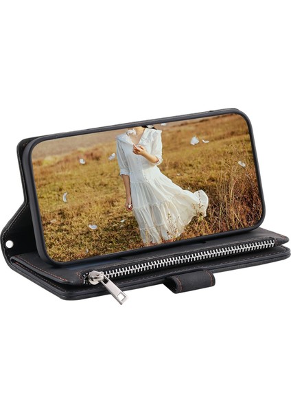 Xiaomi Için Poco M3 Pro 4g/5g/redmi Not 10T 5g/not 10 5g Rhombus Doku Cüzdan Stand Deri Telefon Kılıfı Zipper Cep ve Bilek Kayış-Black (Yurt Dışından)