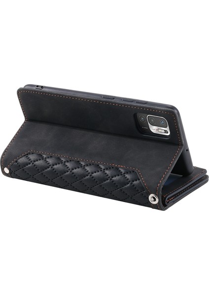 Xiaomi Için Poco M3 Pro 4g/5g/redmi Not 10T 5g/not 10 5g Rhombus Doku Cüzdan Stand Deri Telefon Kılıfı Zipper Cep ve Bilek Kayış-Black (Yurt Dışından)