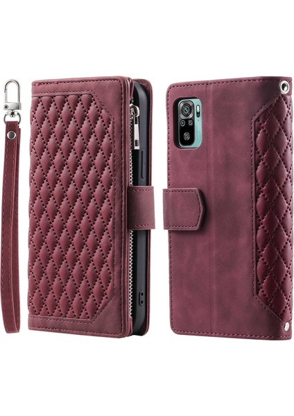 Xiaomi Poco M5S Için 4g/redmi Not 10 4g/redmi Not 10S 4g Scratch Dirençli Rhombus Doku Telefon Kılıfı Pu Deri Fermuar Cep Stand Stand Cüzdan Kapak Bilek Strap-Wine Kırmızı (Yurt Dışından)