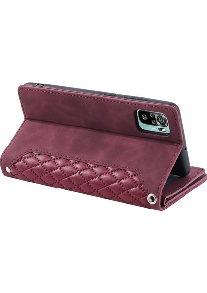 Xiaomi Poco M5S Için 4g/redmi Not 10 4g/redmi Not 10S 4g Scratch Dirençli Rhombus Doku Telefon Kılıfı Pu Deri Fermuar Cep Stand Stand Cüzdan Kapak Bilek Strap-Wine Kırmızı (Yurt Dışından)