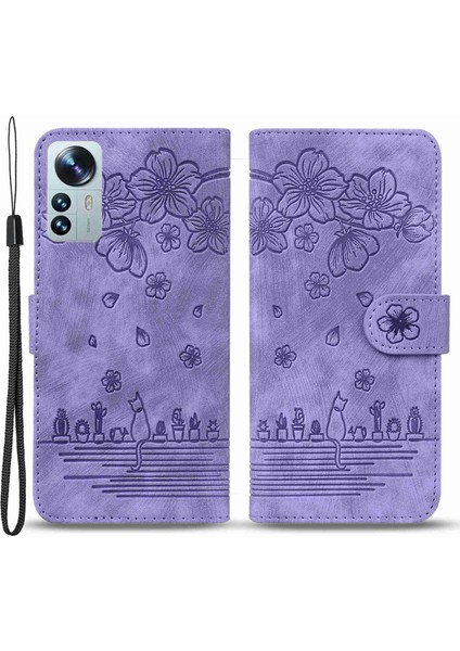 Xiaomi 12 5G/12X 5G/12S Için 5g Kiraz Çiçeği Kedi Baskılı Cüzdan Stili Deri Ayarlanabilir Stand Tasarım Cep Telefon Kılıfı Strap-Murple (Yurt Dışından)