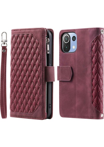 Xiaomi Mi 11 Lite 4g/5g/5g Ne, Rhombus Doku Pu Deri Fermuarı Cep Telefon Kılıfı Şok Geçirmez Cüzdan Kapak Görüntüleme Strap-Wine Red ile (Yurt Dışından)
