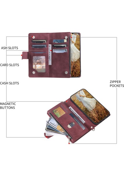 Xiaomi Mi 11 Lite 4g/5g/5g Ne, Rhombus Doku Pu Deri Fermuarı Cep Telefon Kılıfı Şok Geçirmez Cüzdan Kapak Görüntüleme Strap-Wine Red ile (Yurt Dışından)