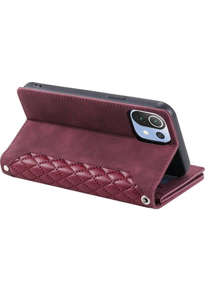 Xiaomi Mi 11 Lite 4g/5g/5g Ne, Rhombus Doku Pu Deri Fermuarı Cep Telefon Kılıfı Şok Geçirmez Cüzdan Kapak Görüntüleme Strap-Wine Red ile (Yurt Dışından)