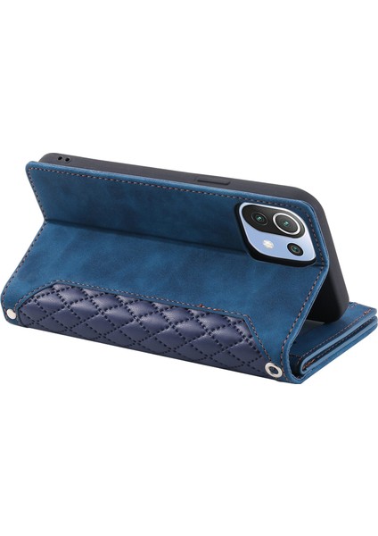 Xiaomi Mi 11 Lite 4g/5g/5g Ne, Rhombus Doku Pu Deri Fermuarı Cep Telefon Kılıfı Şok Geçirmez Cüzdan Kapak Görüntüleme Stand Strap-Blue (Yurt Dışından)