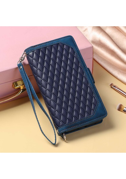 Xiaomi Mi 11 Lite 4g/5g/5g Ne, Rhombus Doku Pu Deri Fermuarı Cep Telefon Kılıfı Şok Geçirmez Cüzdan Kapak Görüntüleme Stand Strap-Blue (Yurt Dışından)