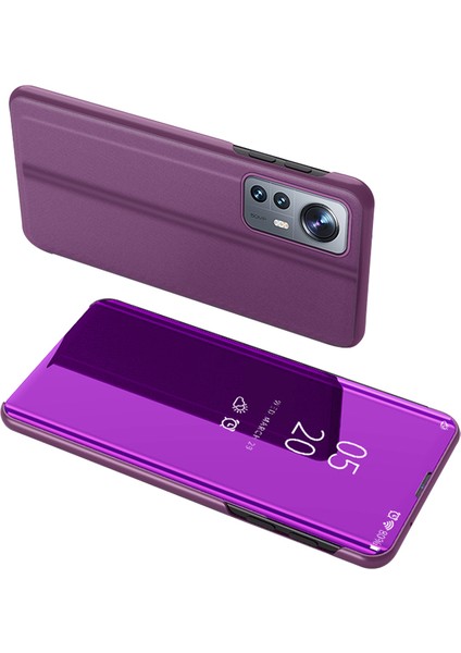 Xiaomi 12 5G/12X 5G/12S Için 5g Ayna Tasarım Penceresi Koruyucu Flip Kapak Elektraplat Kaplama Pu Deri Deri Şok Geçirmez Kılıf Purple (Yurt Dışından)