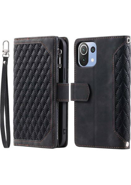 Xiaomi Mi 11 Lite 4g/5g/5g Ne, Rhombus Doku Pu Deri Fermuar Cep Telefon Kılıfı Şok Geçirmez Cüzdan Kapak Görüntüleme Stand Strap-Black (Yurt Dışından)