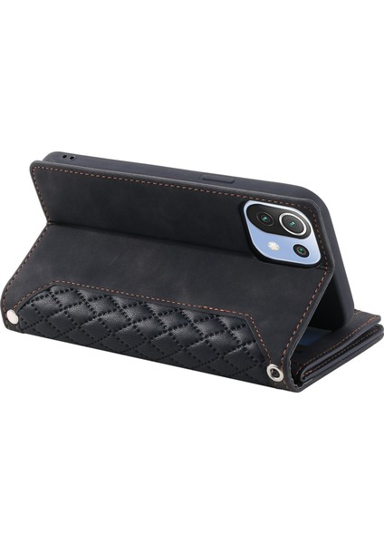 Xiaomi Mi 11 Lite 4g/5g/5g Ne, Rhombus Doku Pu Deri Fermuar Cep Telefon Kılıfı Şok Geçirmez Cüzdan Kapak Görüntüleme Stand Strap-Black (Yurt Dışından)