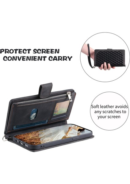 Xiaomi Mi 11 Lite 4g/5g/5g Ne, Rhombus Doku Pu Deri Fermuar Cep Telefon Kılıfı Şok Geçirmez Cüzdan Kapak Görüntüleme Stand Strap-Black (Yurt Dışından)