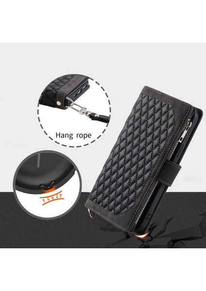 Xiaomi Mi 11 Lite 4g/5g/5g Ne, Rhombus Doku Pu Deri Fermuar Cep Telefon Kılıfı Şok Geçirmez Cüzdan Kapak Görüntüleme Stand Strap-Black (Yurt Dışından)