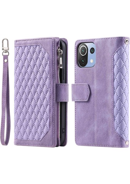Xiaomi Mi 11 Lite 4g/5g/5g Ne, Rhombus Doku Pu Deri Fermuarı Cep Telefon Kılıfı Şok Geçirmez Cüzdan Kapak Görüntüleme Stand Strap-Purple ile (Yurt Dışından)