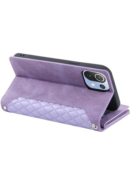 Xiaomi Mi 11 Lite 4g/5g/5g Ne, Rhombus Doku Pu Deri Fermuarı Cep Telefon Kılıfı Şok Geçirmez Cüzdan Kapak Görüntüleme Stand Strap-Purple ile (Yurt Dışından)