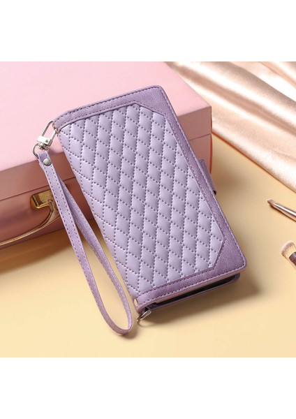 Xiaomi Mi 11 Lite 4g/5g/5g Ne, Rhombus Doku Pu Deri Fermuarı Cep Telefon Kılıfı Şok Geçirmez Cüzdan Kapak Görüntüleme Stand Strap-Purple ile (Yurt Dışından)