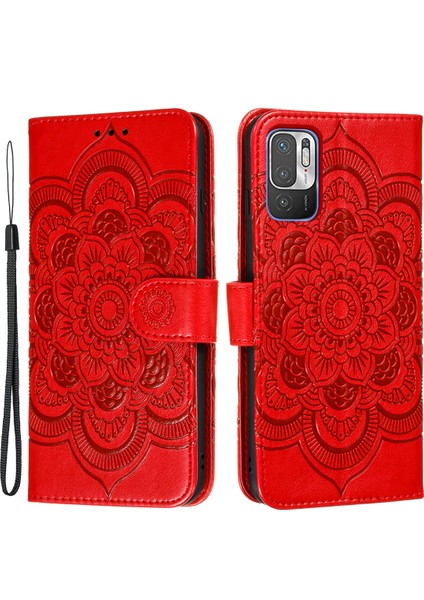 Xiaomi Redmi Için Mandala Çiçek Deseni Stand Deri Kılıf Not 10 5g/poco M3 Pro 5g/4g-Kırmızı (Yurt Dışından)