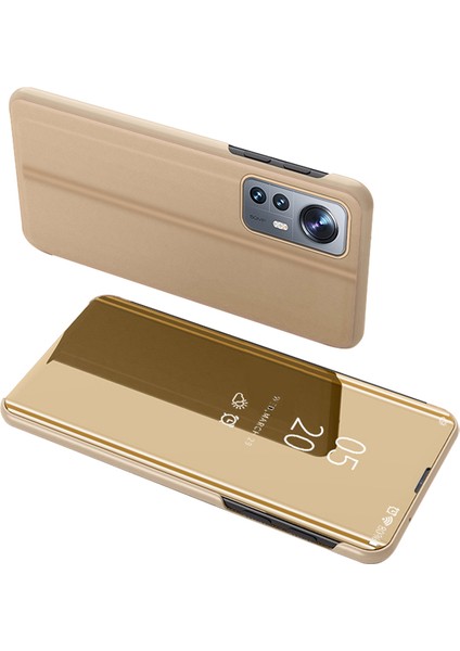 Xiaomi Için 12 5G/12X 5G/12S 5g Ayna Tasarım Penceresi Koruyucu Flip Kapak Elektraplat Kaplama Pu Deri Şok Geçirmez Kılıf-Altın (Yurt Dışından)