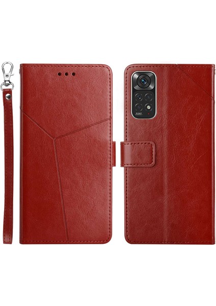 Xiaomi Için Redmi Note 11 4g (Qualcomm)/redmi Note 11S 4g Pu Deri Baskılı Y Şeklinde Çizgiler Kapak Stand Stand Cüzdan Strap-Brown (Yurt Dışından)
