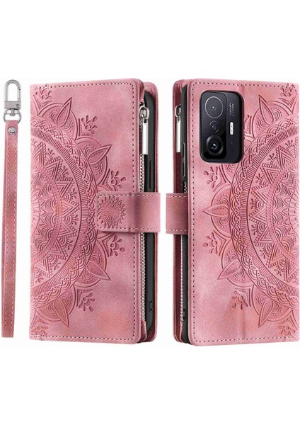 Fermuarı Cep Cüzdanı Xiaomi Için Telefon Kasası 11T Pro 5G/11T 5g, Mandala Çiçek Baskılı Pu Deri Koruyucu Telefon Kapağı Stand Strap-Rose Gold ile Birden Fazla Kart Yuvası (Yurt Dışından)