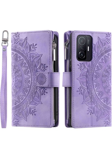 Fermuarı Cep Cüzdanı Xiaomi Için Telefon Kasası 11T Pro 5G/11T 5g, Mandala Çiçek Baskılı Pu Deri Koruyucu Telefon Kapağı Stand Stand Strap-Spurple ile Birden Fazla Kart Yuvası (Yurt Dışından)