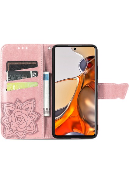 Baskı Kelebek Çiçek Desen Cüzdan Stand Telefon Kılıfı Xiaomi Için Deri Kapak 11T/11T Pro-Rose Altın (Yurt Dışından)