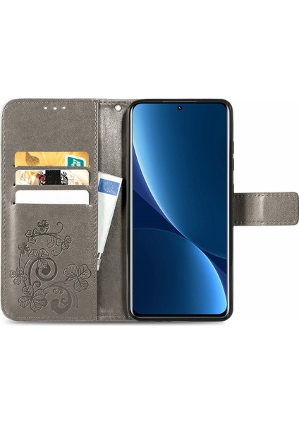 Xiaomi 12 Pro 5g/12 Pro (Boyut) Için 5G/12S Pro 5g Dört Yapraklı Yonca Desen Baskılı Stand Pu Deri Telefon Cüzdan Kapak-Grey (Yurt Dışından)