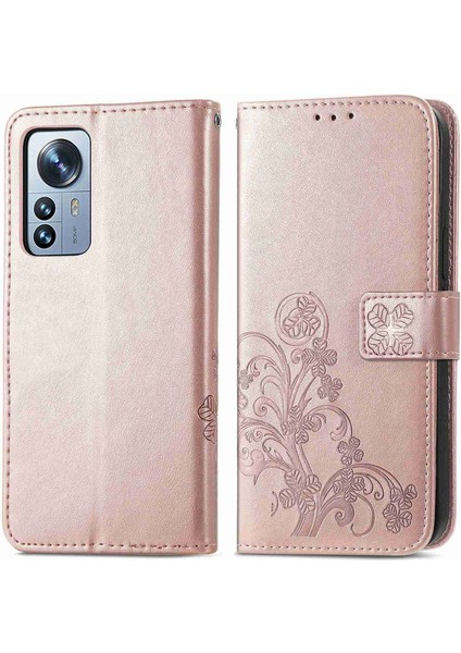 Xiaomi 12 Pro 5g/12 Pro (Boyut) Için 5G/12S Pro 5g Dört Yapraklı Yonca Desen Baskılı Stand Pu Deri Telefon Cüzdanı Kapak-Gül Altın (Yurt Dışından)