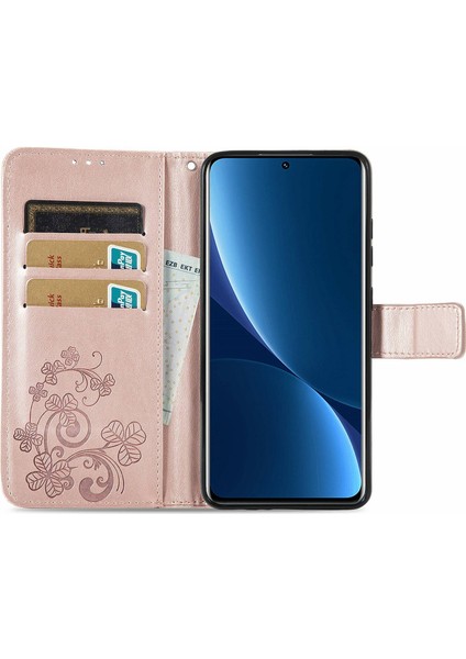 Xiaomi 12 Pro 5g/12 Pro (Boyut) Için 5G/12S Pro 5g Dört Yapraklı Yonca Desen Baskılı Stand Pu Deri Telefon Cüzdanı Kapak-Gül Altın (Yurt Dışından) fiyatları