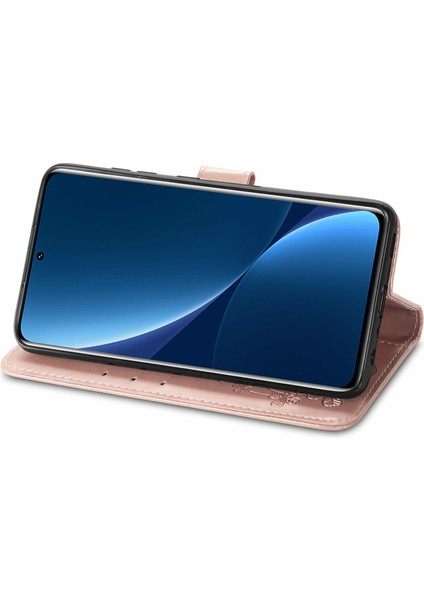 Xiaomi 12 Pro 5g/12 Pro (Boyut) Için 5G/12S Pro 5g Dört Yapraklı Yonca Desen Baskılı Stand Pu Deri Telefon Cüzdanı Kapak-Gül Altın (Yurt Dışından) modelleri