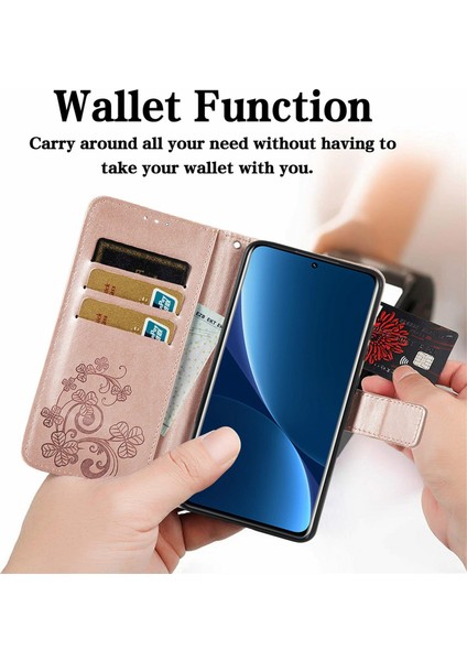 Xiaomi 12 Pro 5g/12 Pro (Boyut) Için 5G/12S Pro 5g Dört Yapraklı Yonca Desen Baskılı Stand Pu Deri Telefon Cüzdanı Kapak-Gül Altın (Yurt Dışından) fırsatları