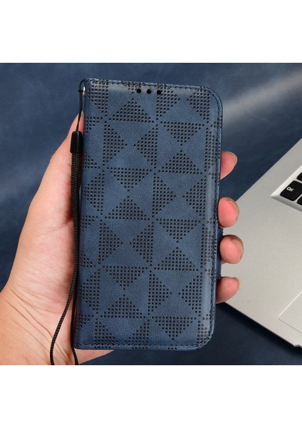 Xiaomi 11T Pro 5G/11T 5g Telefon Kılıfı Tam Koruma Üçgen Deseni Baskılı Flip Cüzdan Stand Pu Deri Kapak Kayış Mavisi (Yurt Dışından)