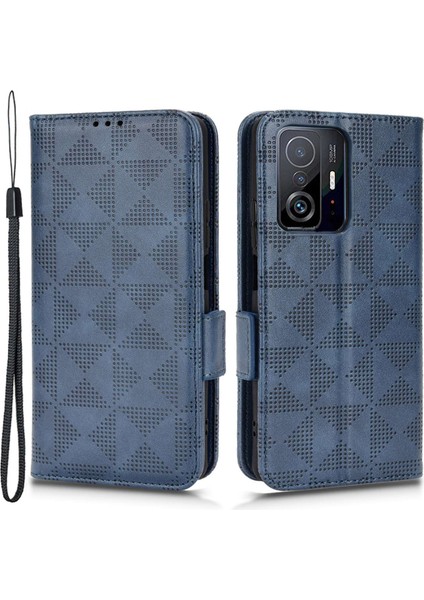 Xiaomi 11T Pro 5G/11T 5g Telefon Kılıfı Tam Koruma Üçgen Deseni Baskılı Flip Cüzdan Stand Pu Deri Kapak Kayış Mavisi (Yurt Dışından)