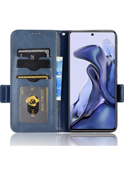 Xiaomi 11T Pro 5G/11T 5g Telefon Kılıfı Tam Koruma Üçgen Deseni Baskılı Flip Cüzdan Stand Pu Deri Kapak Kayış Mavisi (Yurt Dışından)