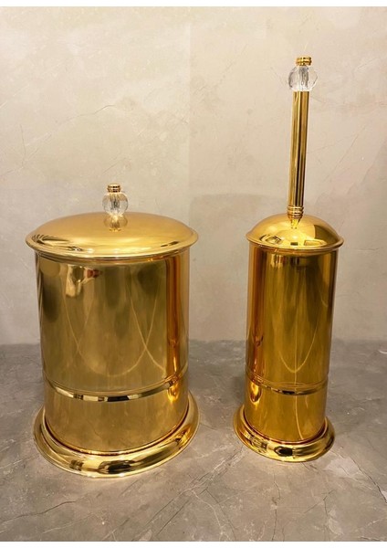 Ikili Lüks Paslanmaz Kristalli Klozet Fırçası Çöp Kovası Seti Altın