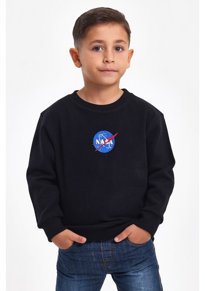 Nakışlı Siyah Pamuk Kışlık Bisiklet Yaka Çocuk Erkek Sweatshirt